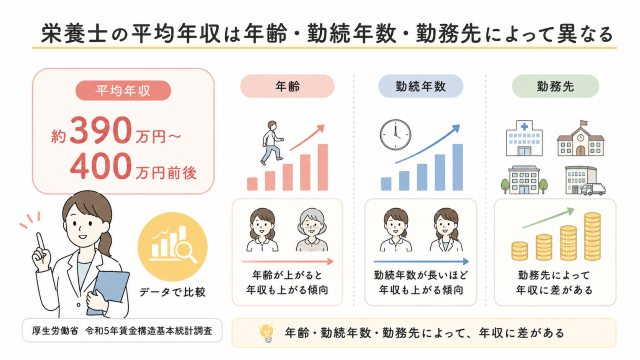 栄養士の年収は年齢・勤続年数・勤務先によって異なる